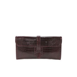 Hermes Womens Bordeaux Shiny Porosus Crocodile Jige Elan Clutch Handbag